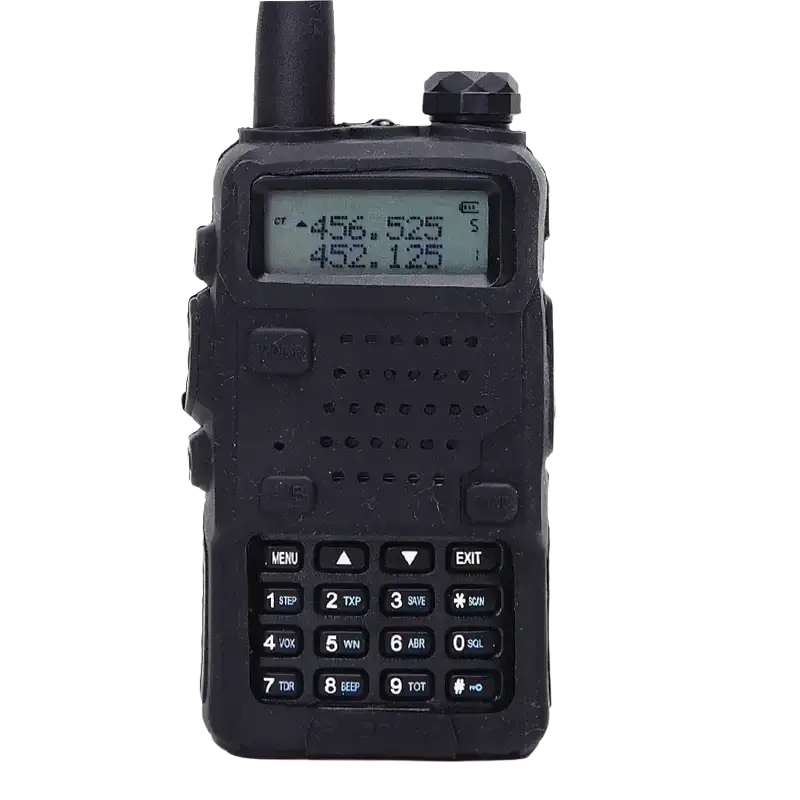 Black baofeng uv-5r walkie talkie with digital display and keypad inside a silicone rubber protective case