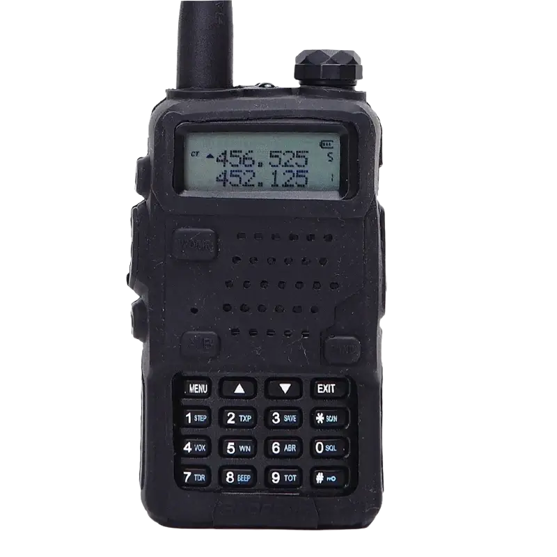 Black rugged baofeng uv-5r walkie talkie with digital display and keypad protected by silicone rubber case
