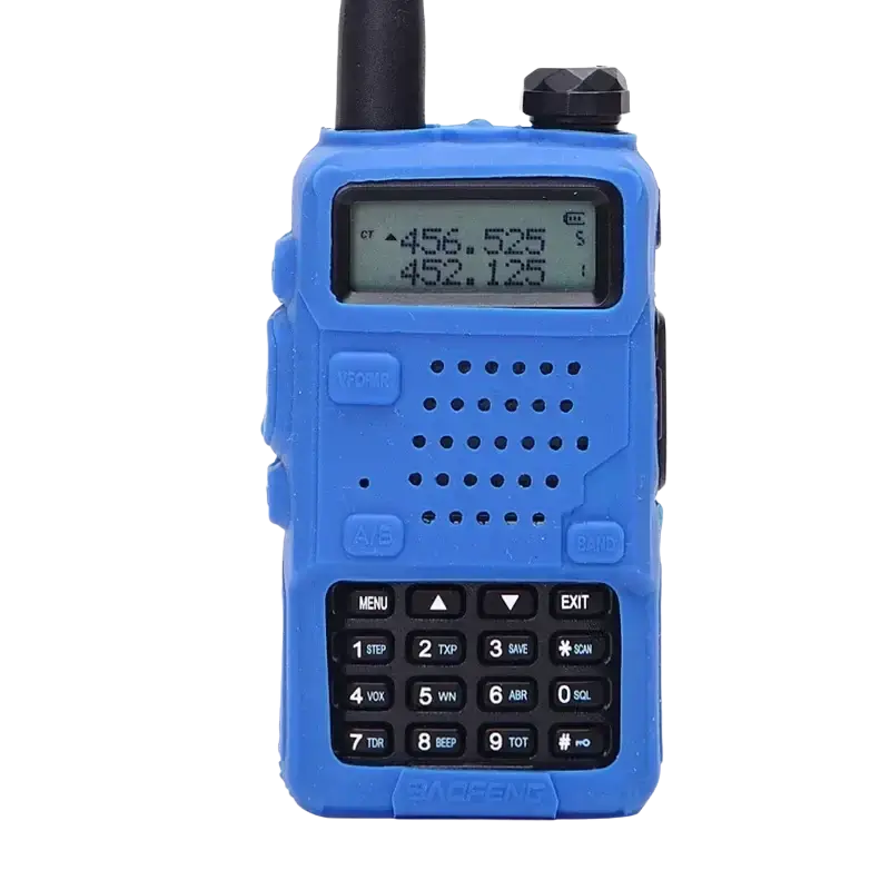 Blue baofeng bf-f6 handheld two-way radio in a silicone rubber baofeng uv-5r walkie talkie case with black antenna and keypad