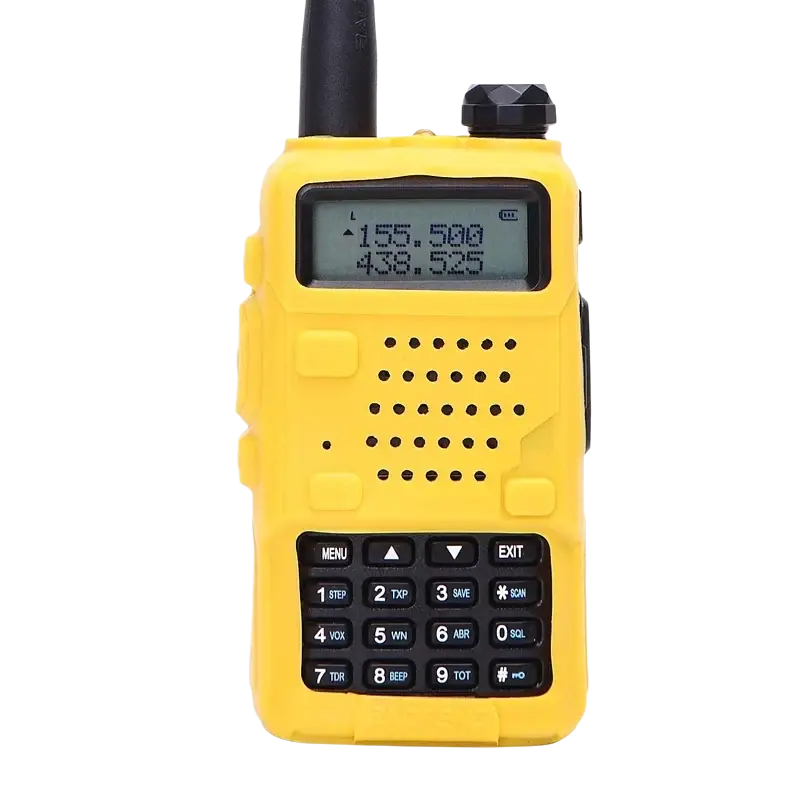 Bright yellow baofeng uv-5r walkie talkie with black keypad and antenna in silicone rubber protective case