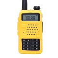 Bright yellow baofeng uv-5r walkie talkie with black keypad in a durable silicone rubber protective case
