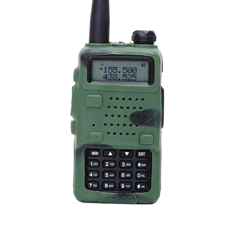 Green camouflage baofeng bf-f6 walkie talkie with black antenna and keypad in silicone rubber baofeng uv-5r case