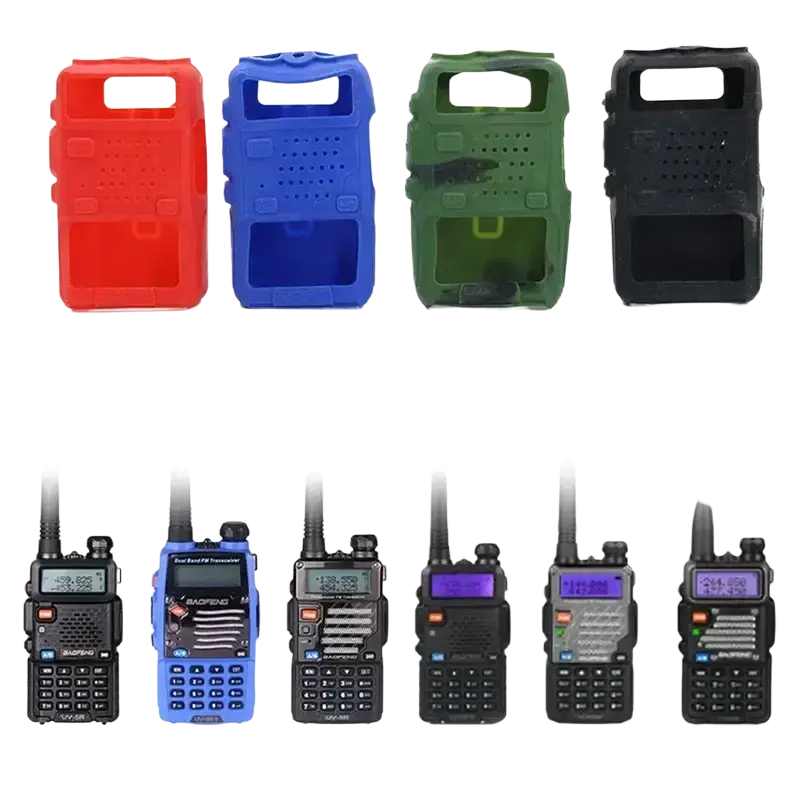 A set of colorful silicone rubber cases for baofeng uv-5r walkie talkie in red blue green camouflage and black colors