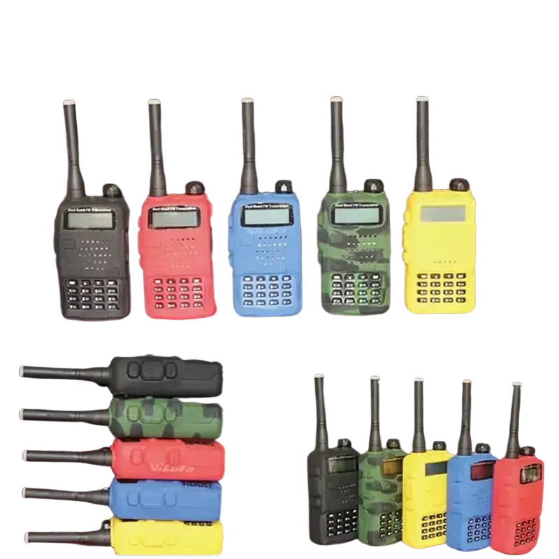 A set of colorful baofeng uv-5r walkie talkies with silicone rubber protective cases in black red blue green and yellow colors