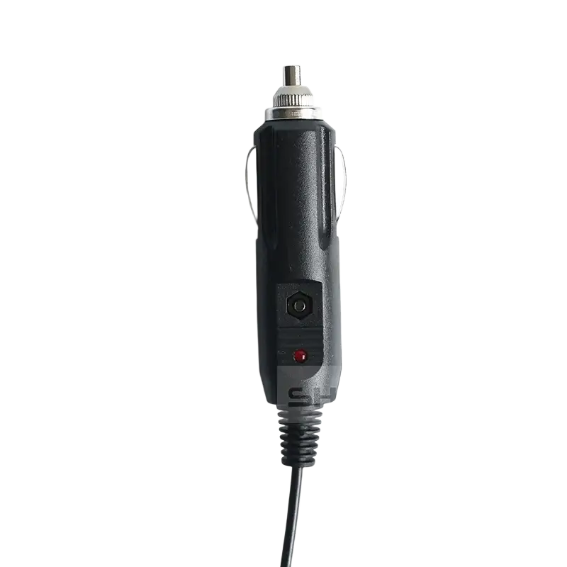 Baofeng walkie talkie 12v car charger model with a black body, metallic plug, and red indicator light