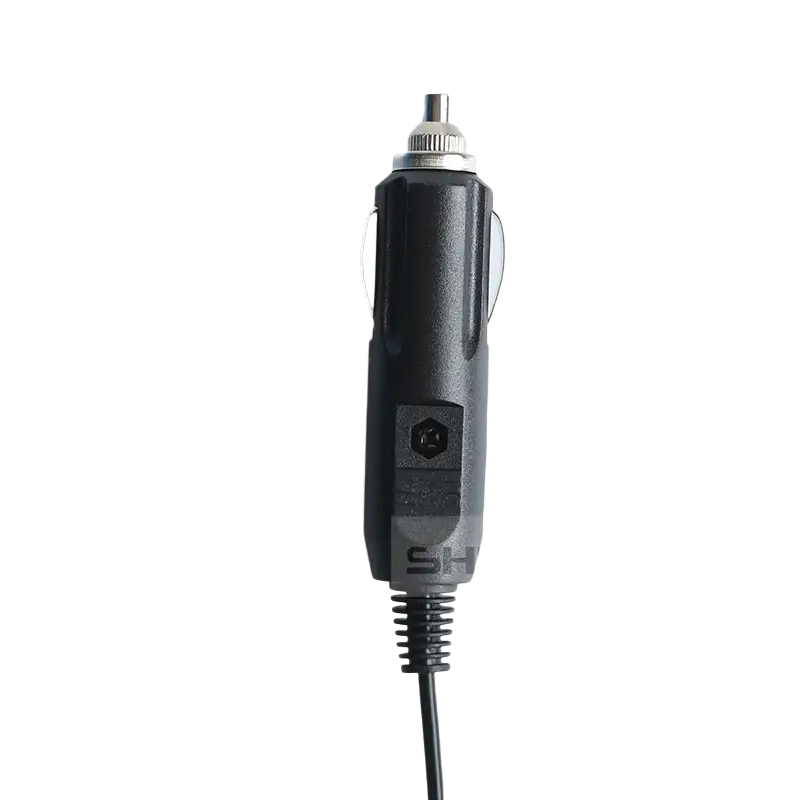Black baofeng walkie talkie 12v car charger with metallic plug and textured grip car charger model