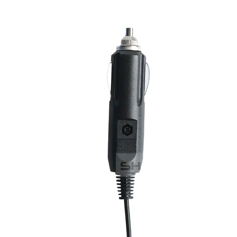 Black baofeng walkie talkie 12v car charger model with metallic plug and coiled cord for vehicle use
