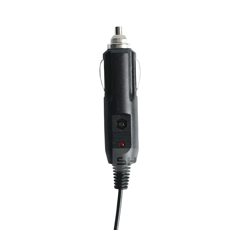Black Baofeng walkie talkie car charger model with silver metallic plug and red indicator light for 12v car use
