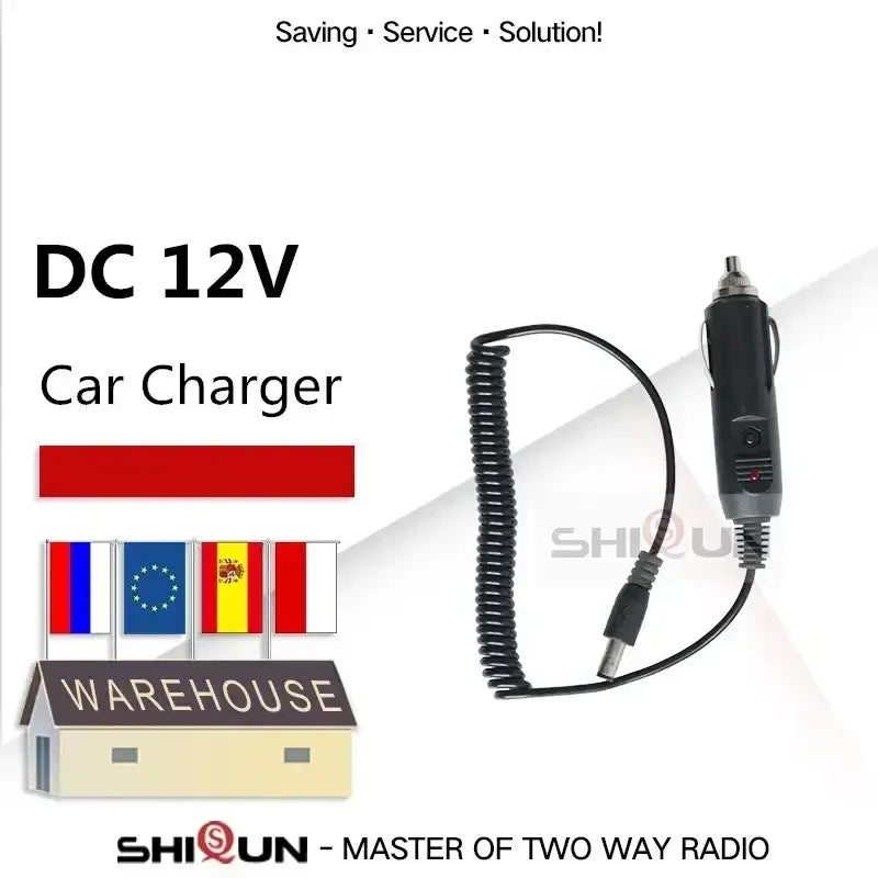 Baofeng walkie talkie 12v car charger model with black coiled cable, dc 12v plug, and usb connector for vehicle use