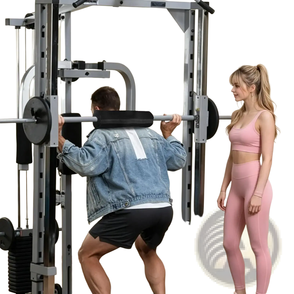 Silver metal power rack with black weight plates and padded neck and shoulder protector squat pad displayed