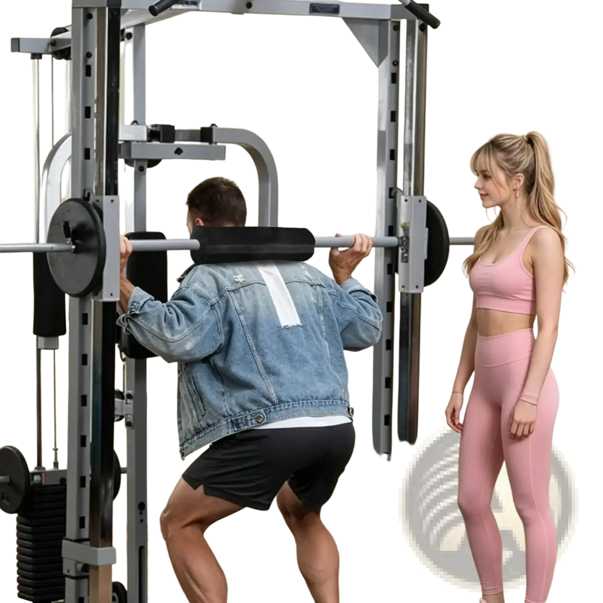 Silver metal power rack with black weight plates and padded neck and shoulder protector squat pad displayed