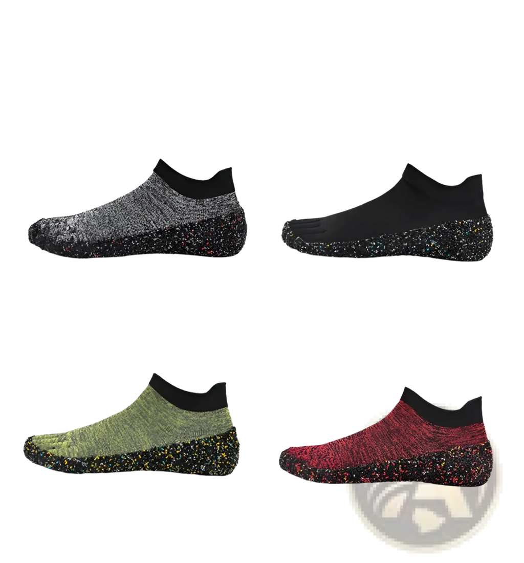 Barefoot five finger swimming and hiking shoes with black gray green and red speckled toe-separated design textured knit upper and rubber sole