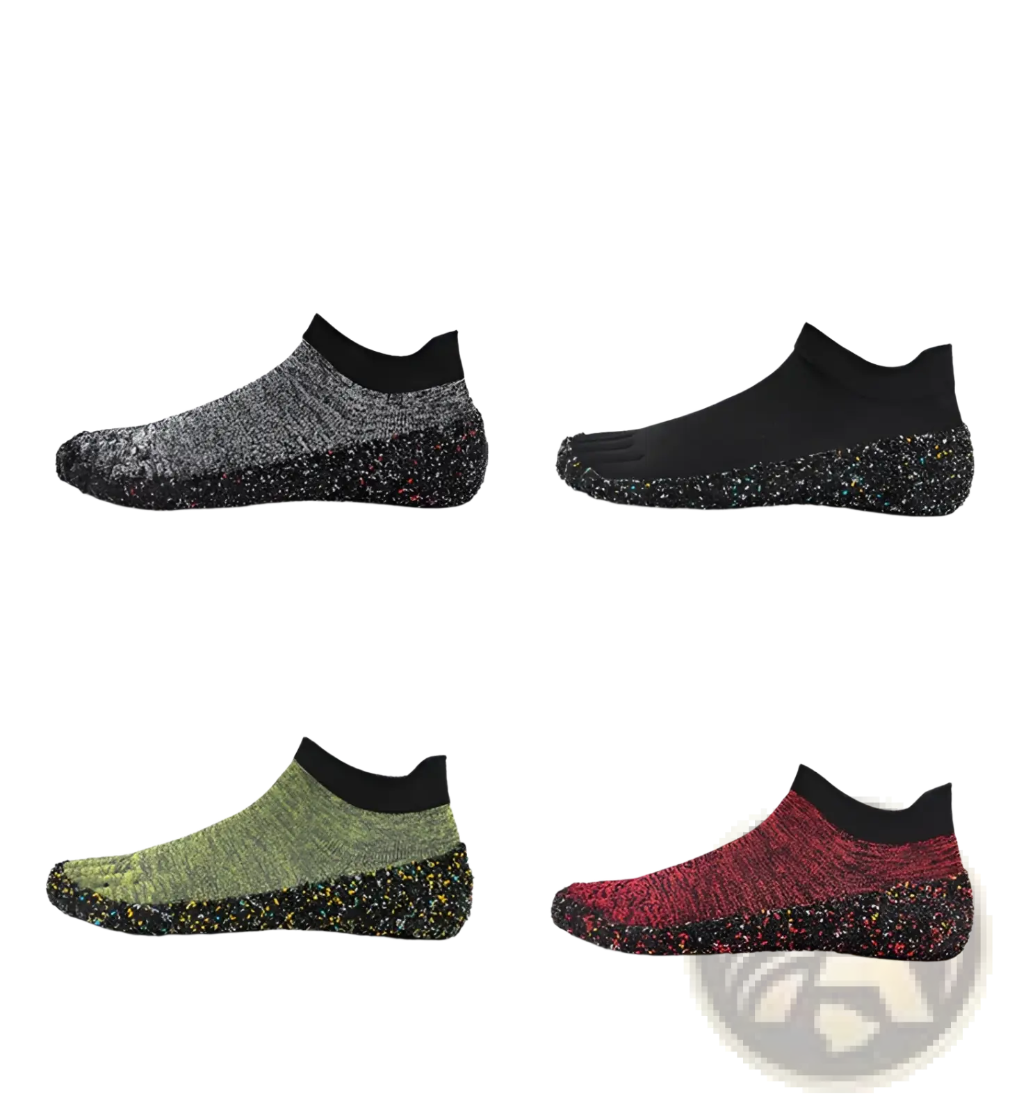 Barefoot five finger swimming and hiking shoes with black gray green and red speckled toe-separated design textured knit upper and rubber sole