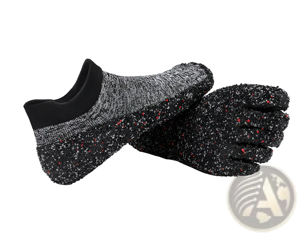 Barefoot five finger swimming and hiking shoes in black and gray speckled fabric with red accents for outdoor use