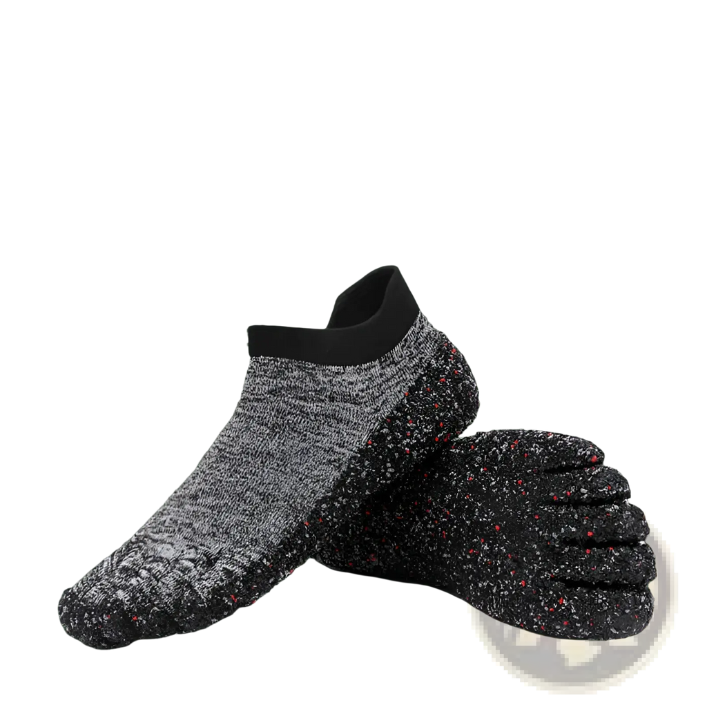 Barefoot five finger swimming and hiking shoes in gray and black speckled breathable textured fabric