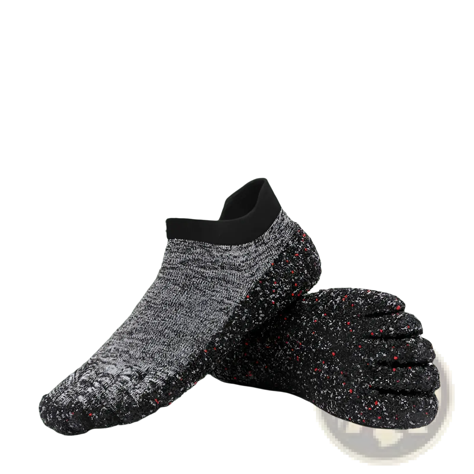 Barefoot five finger swimming and hiking shoes in gray and black speckled breathable textured fabric