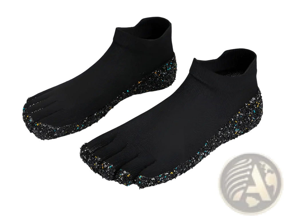 Black barefoot five finger swimming and hiking socks with a textured glittery sole for enhanced grip and comfort