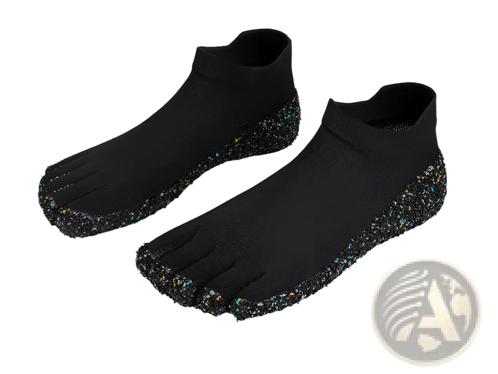 Black barefoot five finger swimming and hiking socks with a textured glittery sole for enhanced grip and comfort