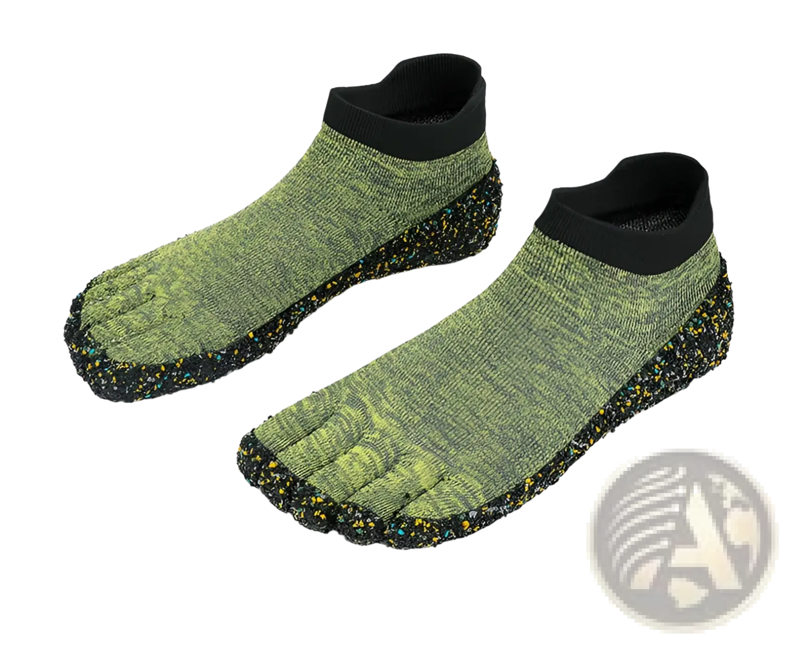 Green barefoot five finger swimming and hiking shoes with black rubber soles and speckled accents for outdoor use