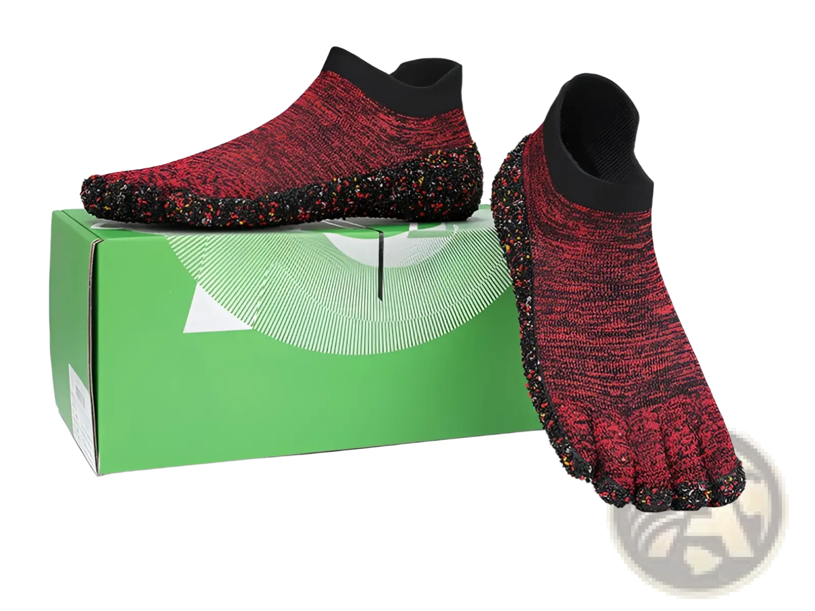 Barefoot five finger swimming and hiking shoes in red and black with a textured speckled sole