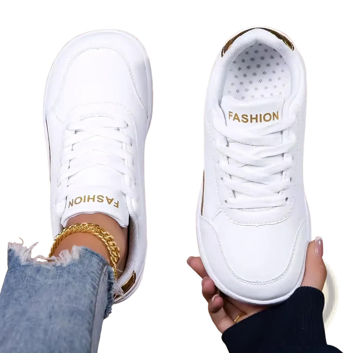 White leather barefoot walking shoes for women with gold accents and fashion branding on the tongue in a minimalist design