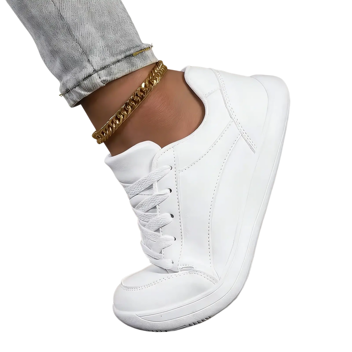White leather barefoot walking shoe for women with high-top lace-up design and chunky sole