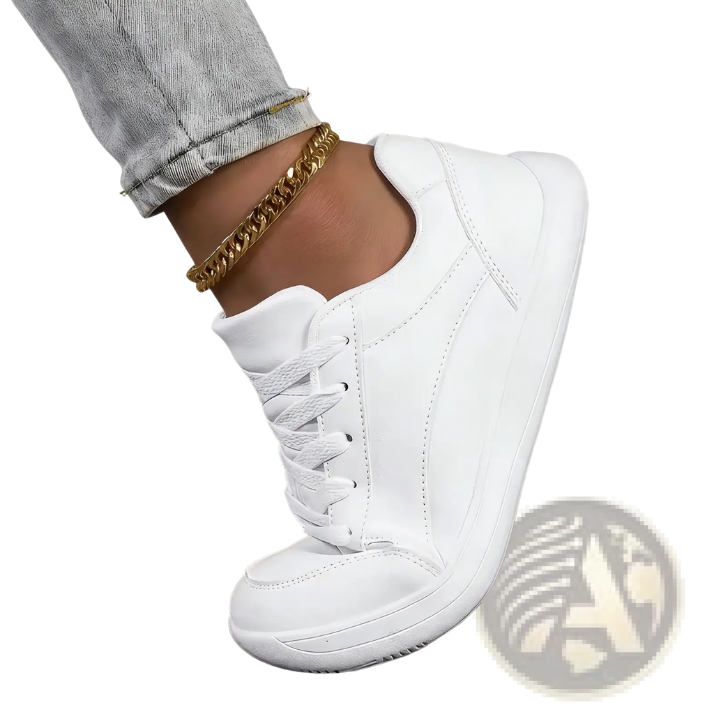White leather barefoot walking shoe for women with high-top lace-up design and chunky sole