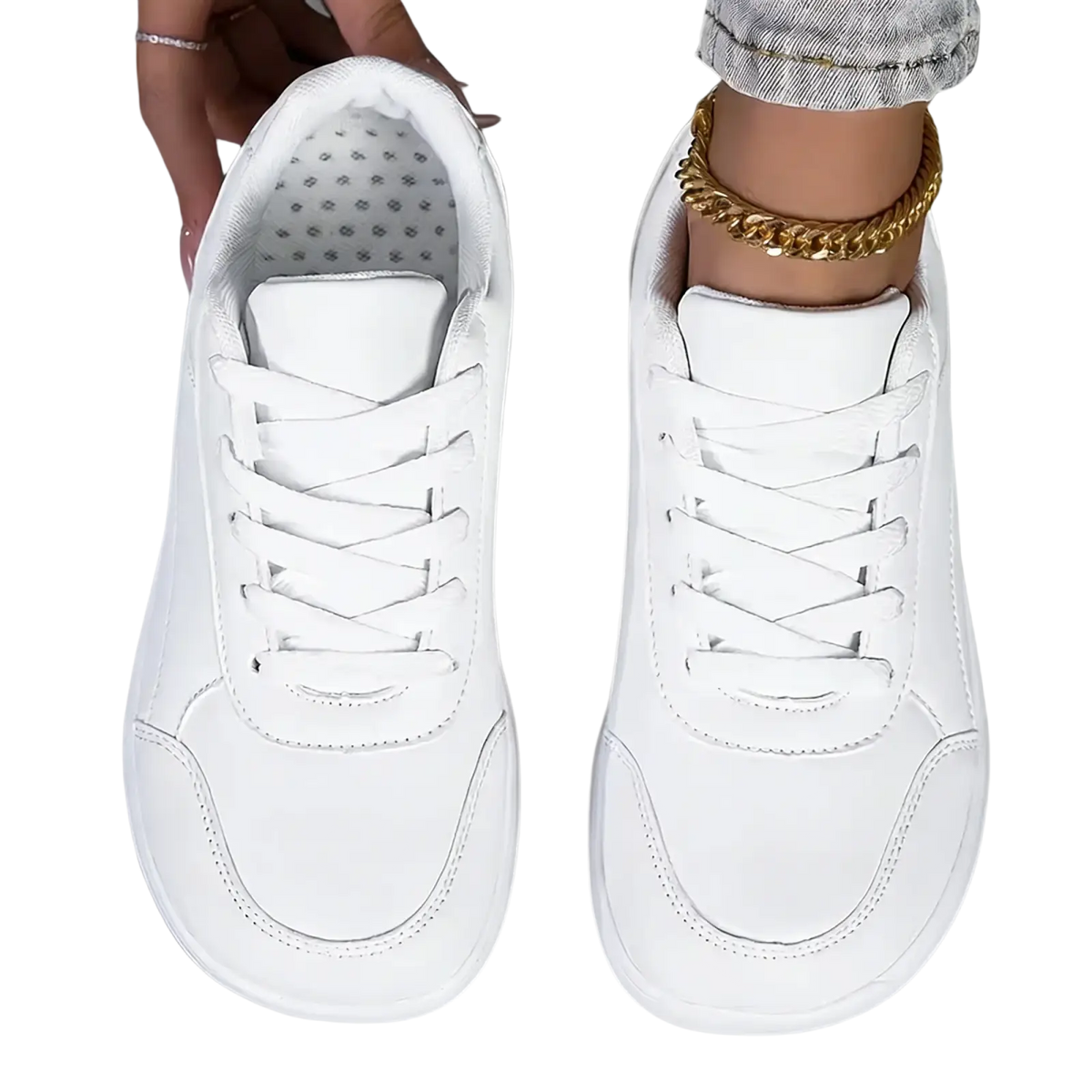 Barefoot leather walking shoes for women in white leather with a clean minimalist design and matching laces
