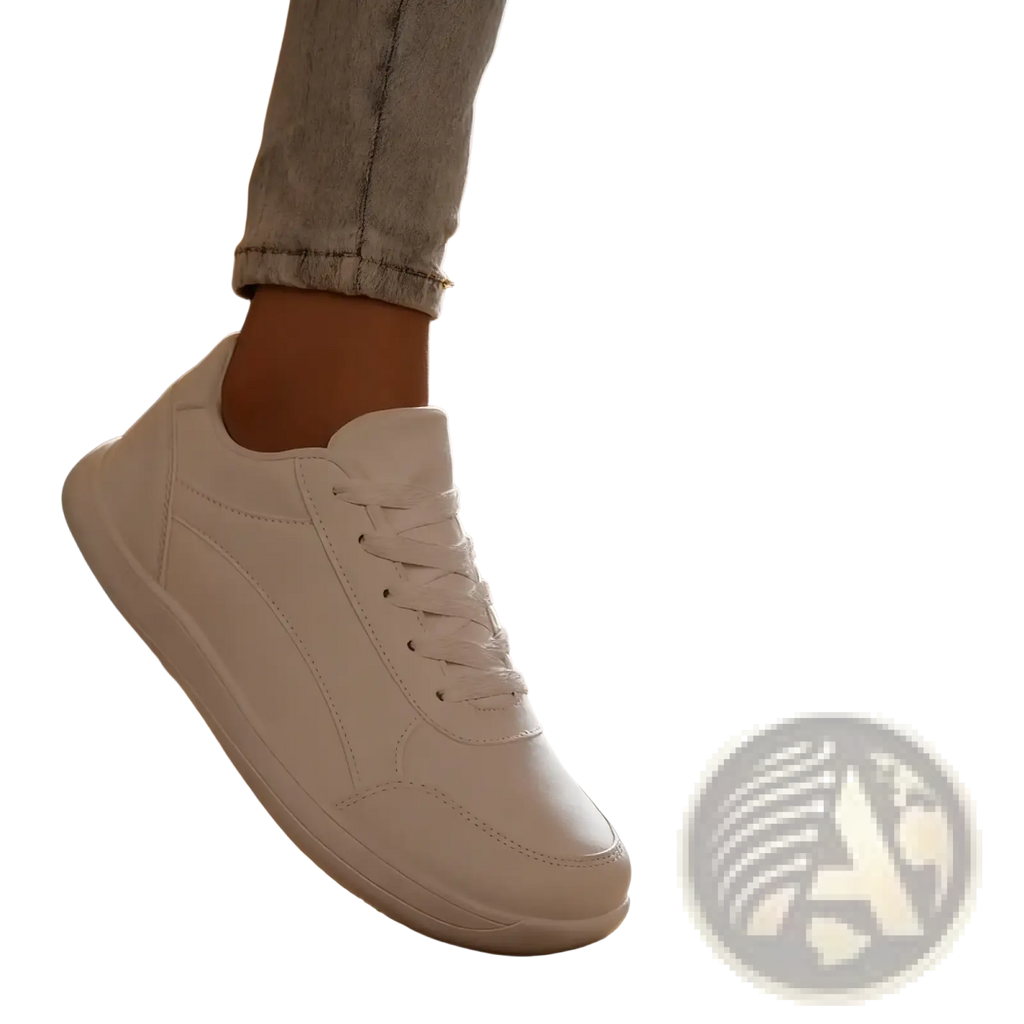 White leather barefoot walking shoes for women with clean minimalist design and subtle stitching details