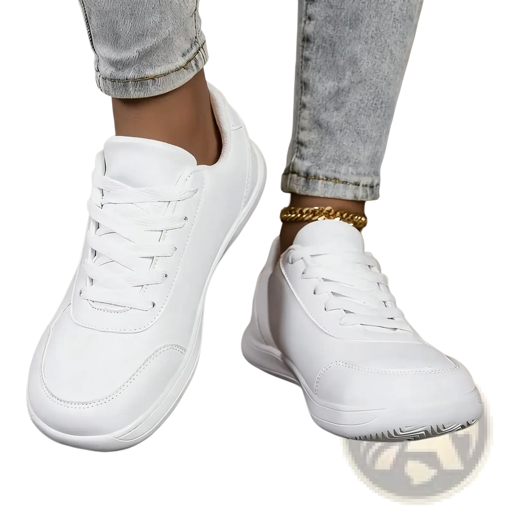 Barefoot leather walking shoes for women in white leather with clean minimalist design and matching white laces
