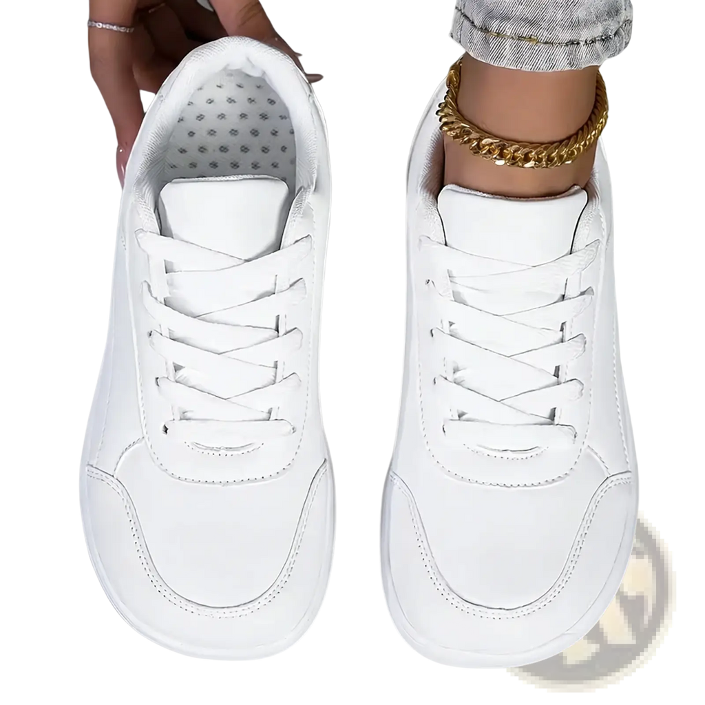 Barefoot leather walking shoes for women in white leather with a clean minimalist design and matching laces