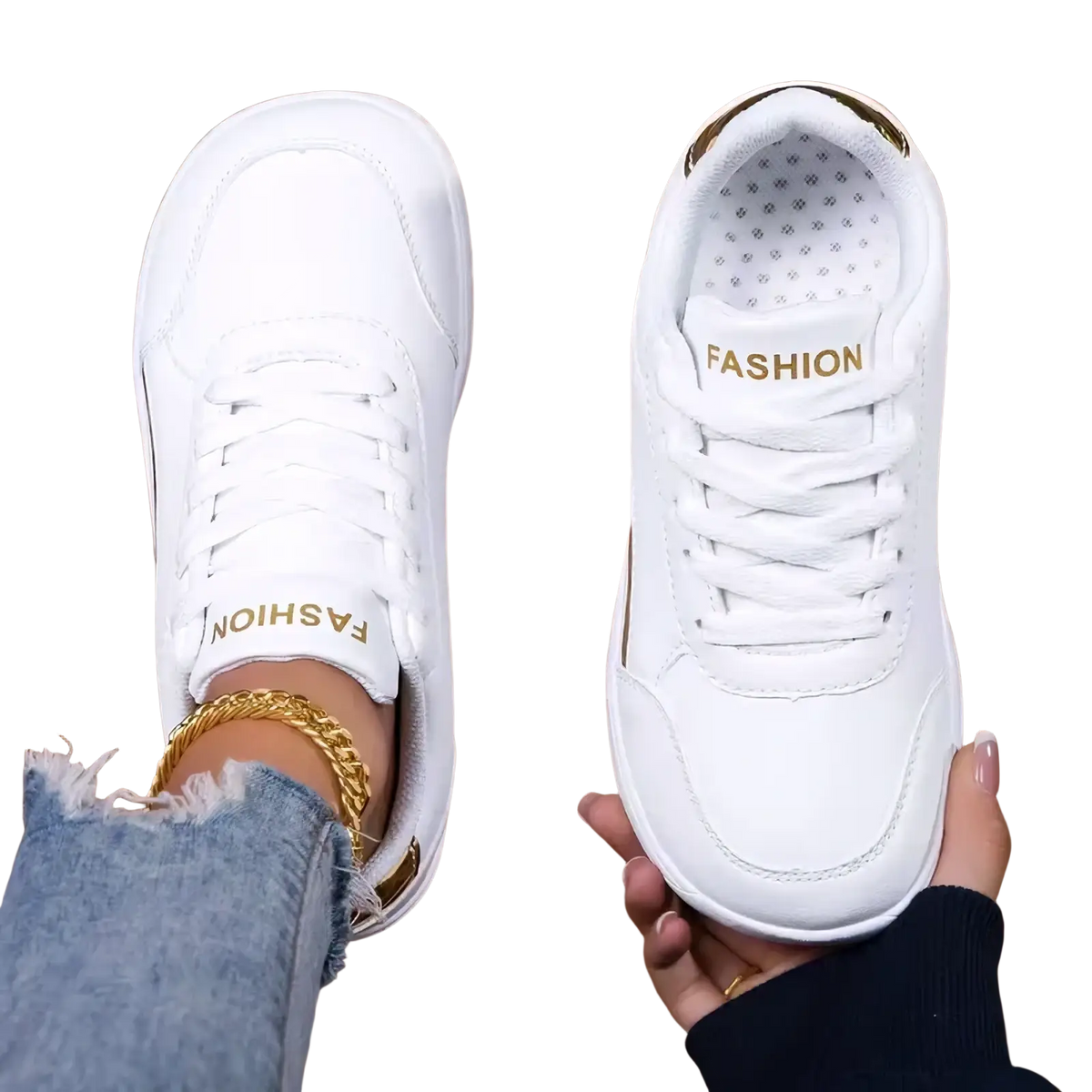 Barefoot leather walking shoes for women in white with gold accents and fashion branding on the tongue, minimalist design