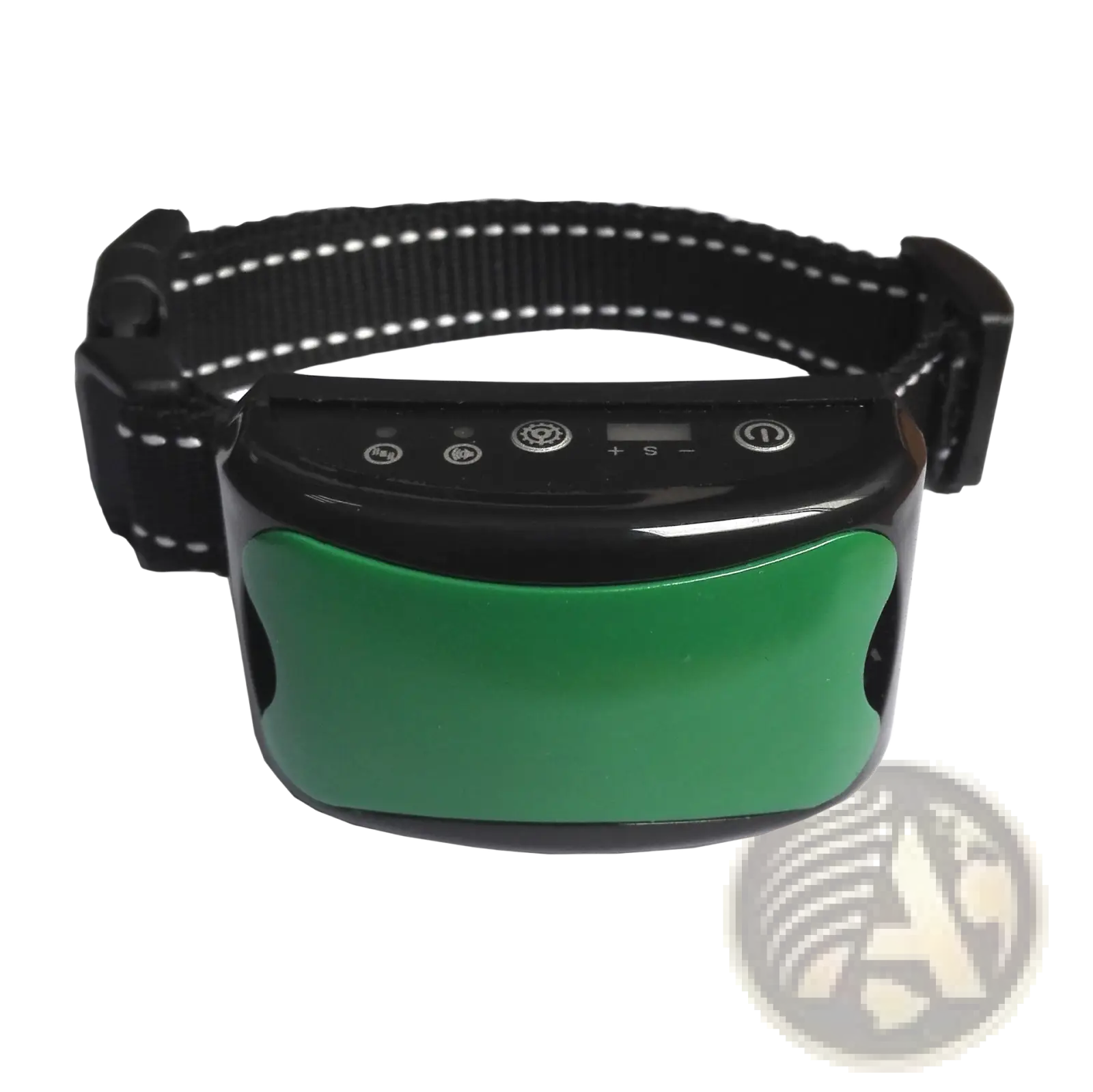 Black and green Barker Collar automatic dog training device with white stitched strap for electronic pet control