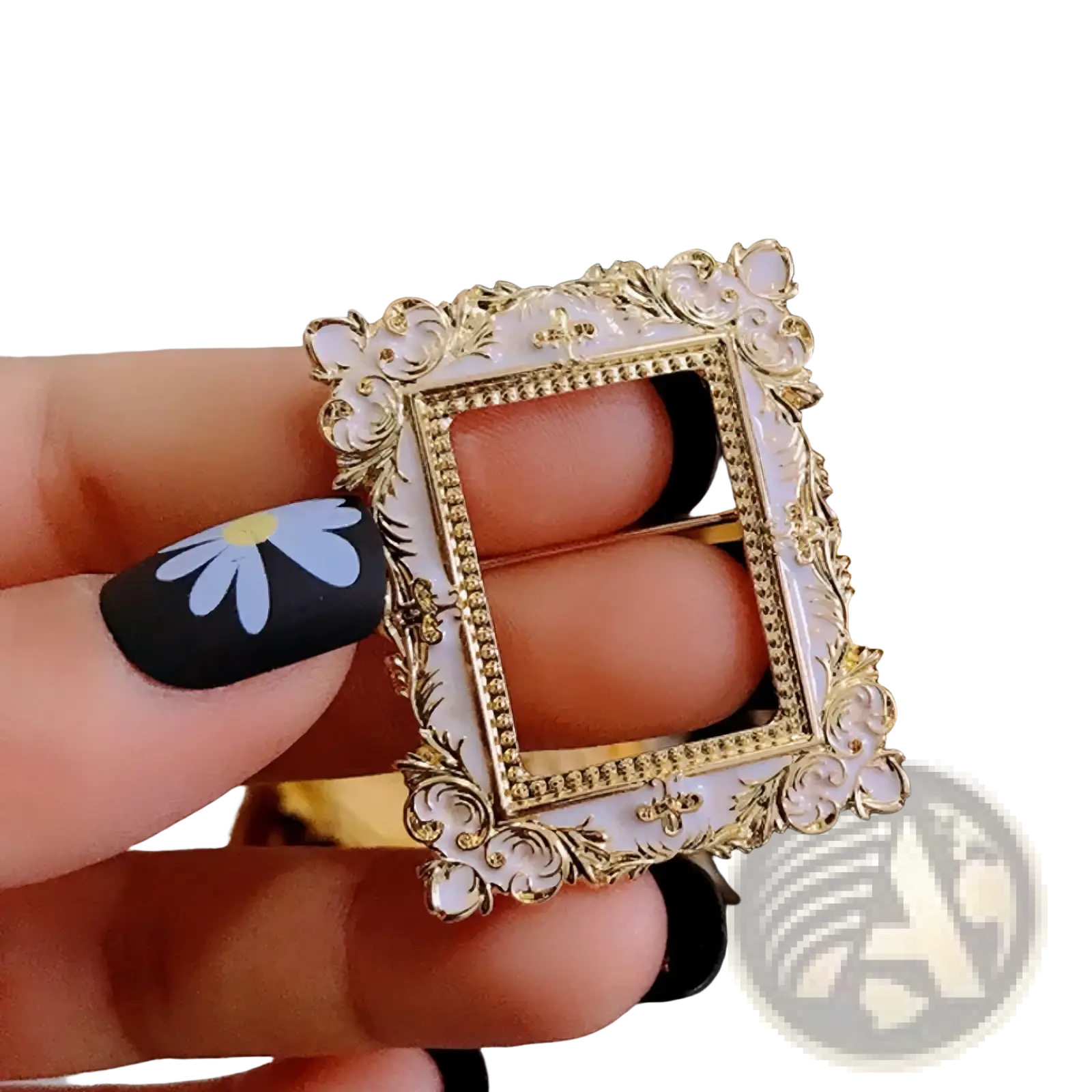 Baroque David art picture frame brooch in gold tone and white enamel with delicate ornate scrollwork detailing