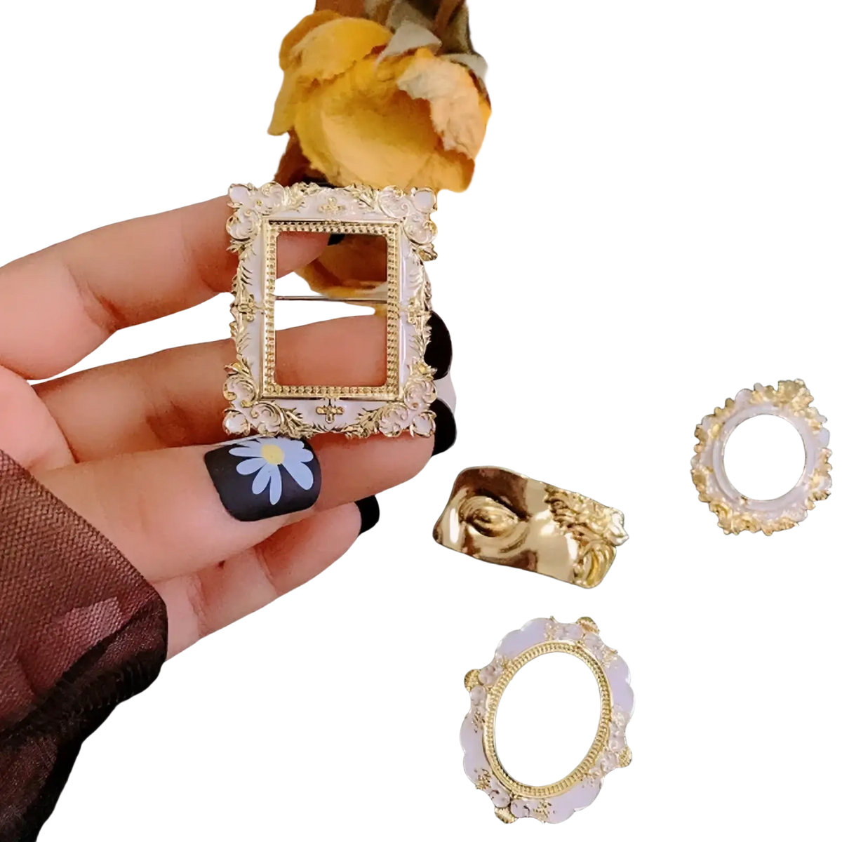 Baroque David art picture frame brooch with delicate white and gold ornate floral detailing in intricate design