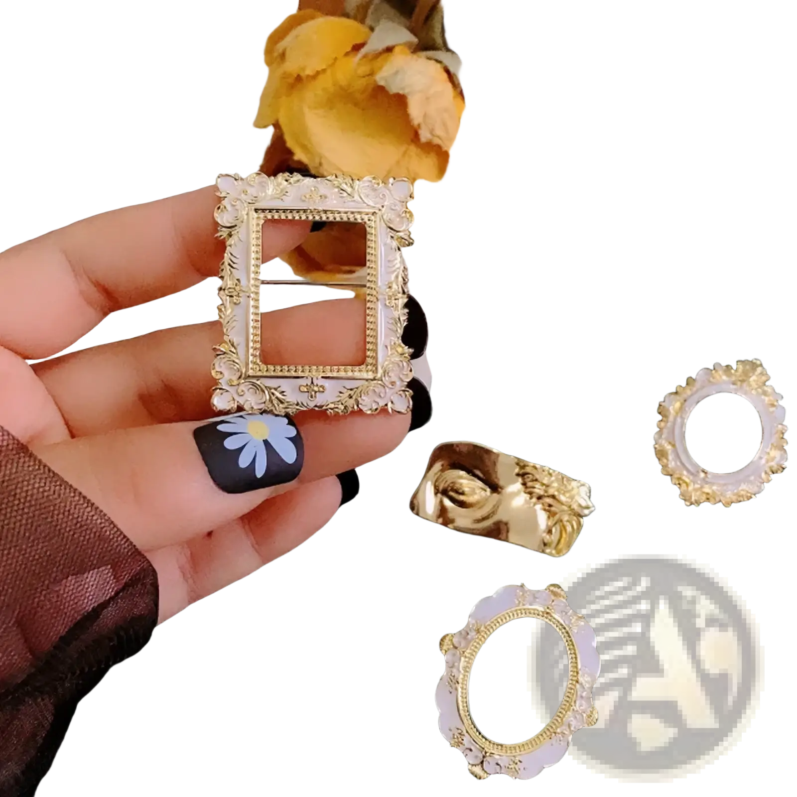 Baroque David art picture frame brooch with delicate white and gold ornate floral detailing in intricate design