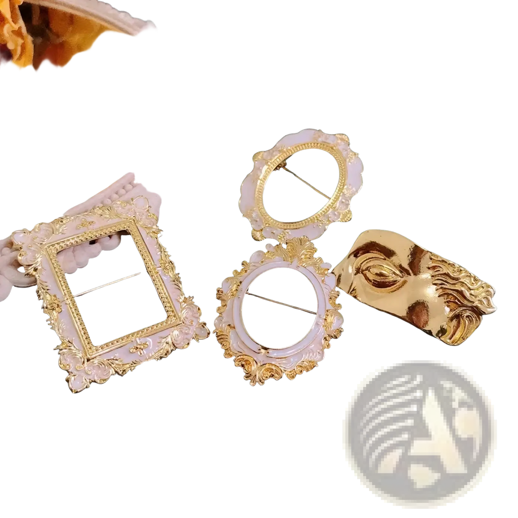Elegant baroque david art picture frame brooches with ornate gold-trimmed frames in soft pink white enamel and golden face design