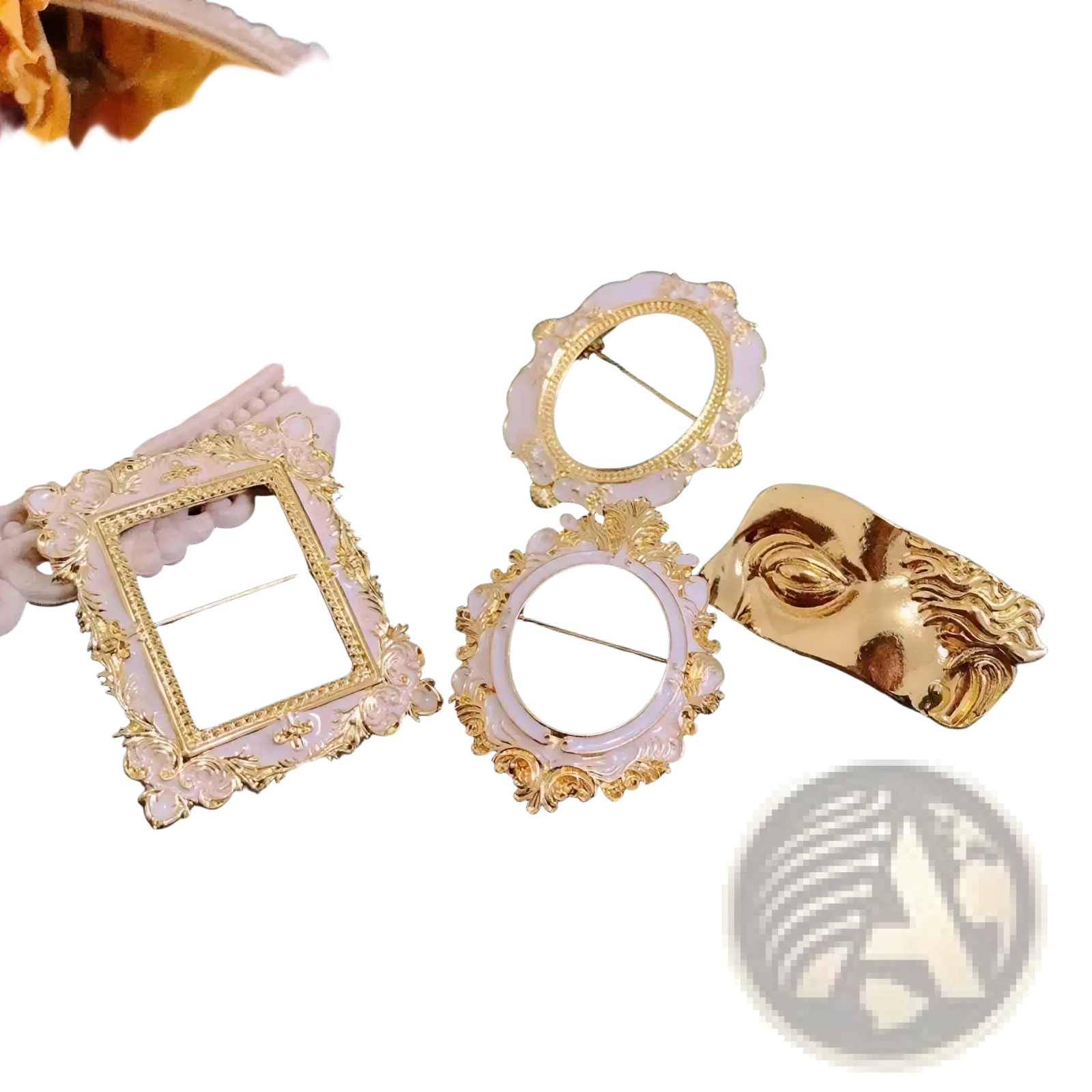 Elegant baroque david art picture frame brooches with ornate gold-trimmed frames in soft pink white enamel and golden face design