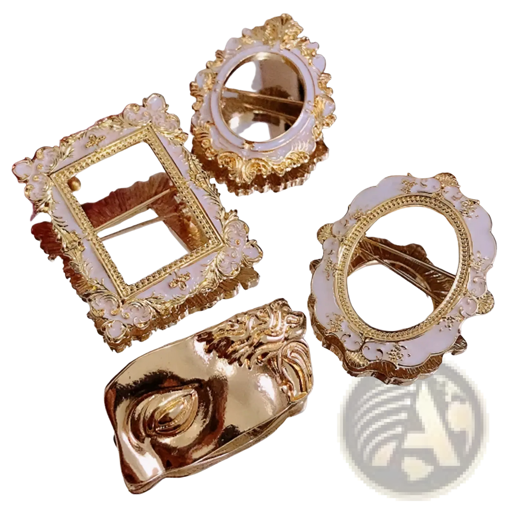 Baroque david art picture frame brooch in gold tone with white enamel accents and intricate ornate detailing