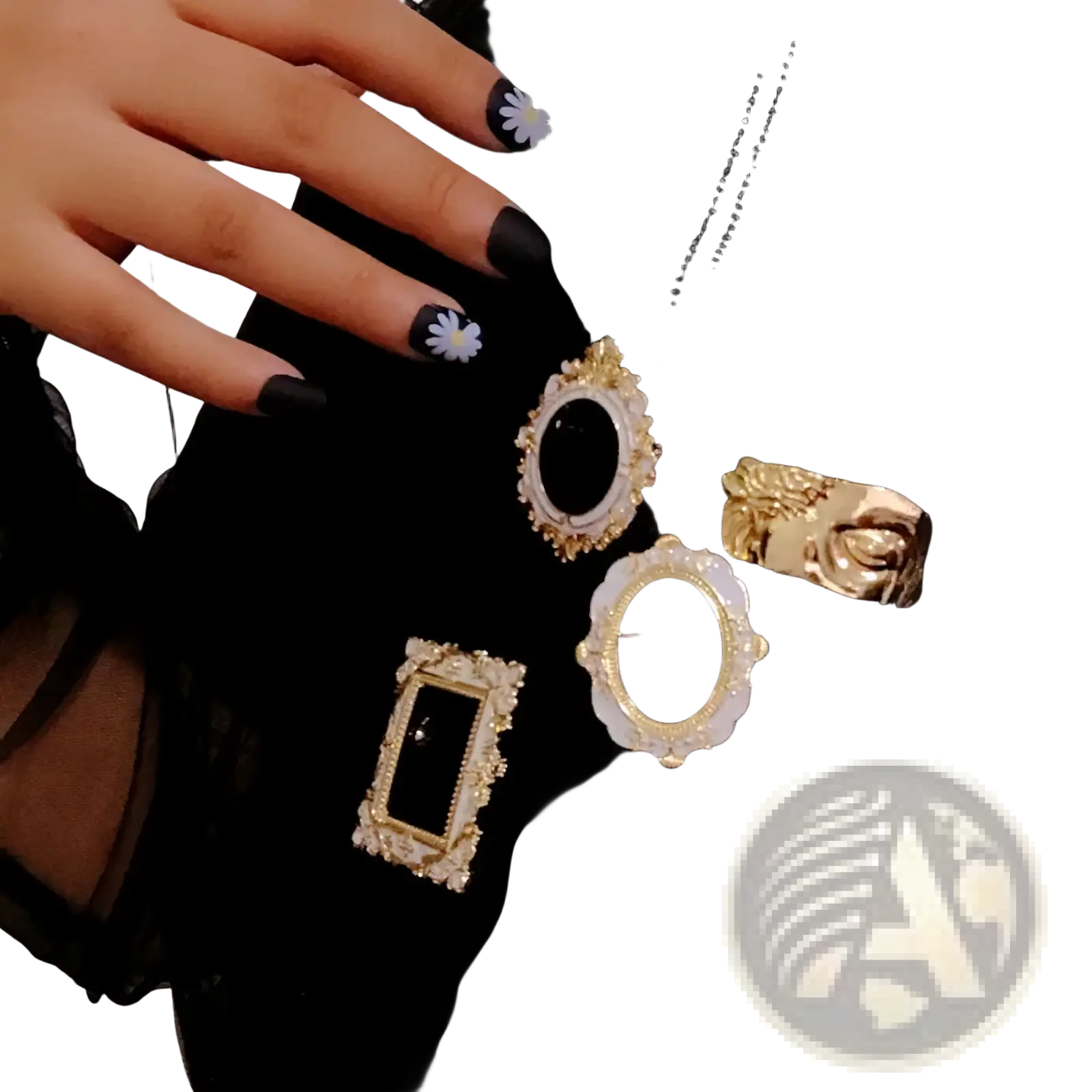 Baroque David art picture frame brooch in gold and white with ornate design and intricate detailing on metal pins