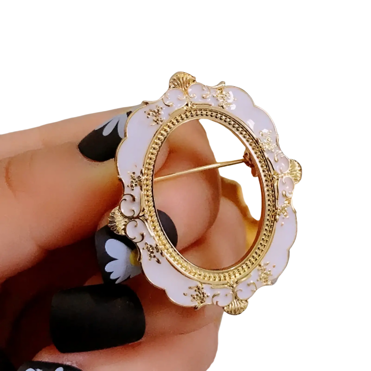Baroque David art picture frame brooch with ornate white and gold enamel scalloped oval frame and delicate floral patterns
