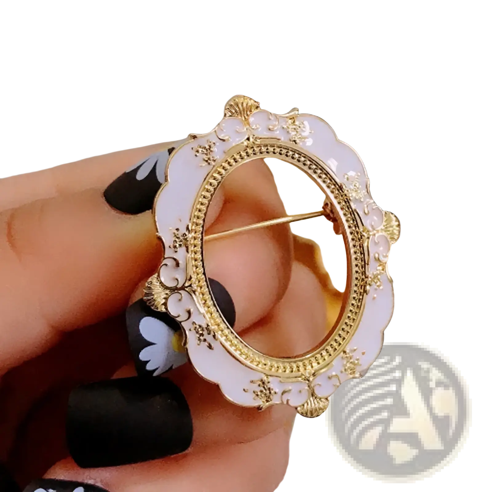Baroque David art picture frame brooch with ornate white and gold enamel scalloped oval frame and delicate floral patterns