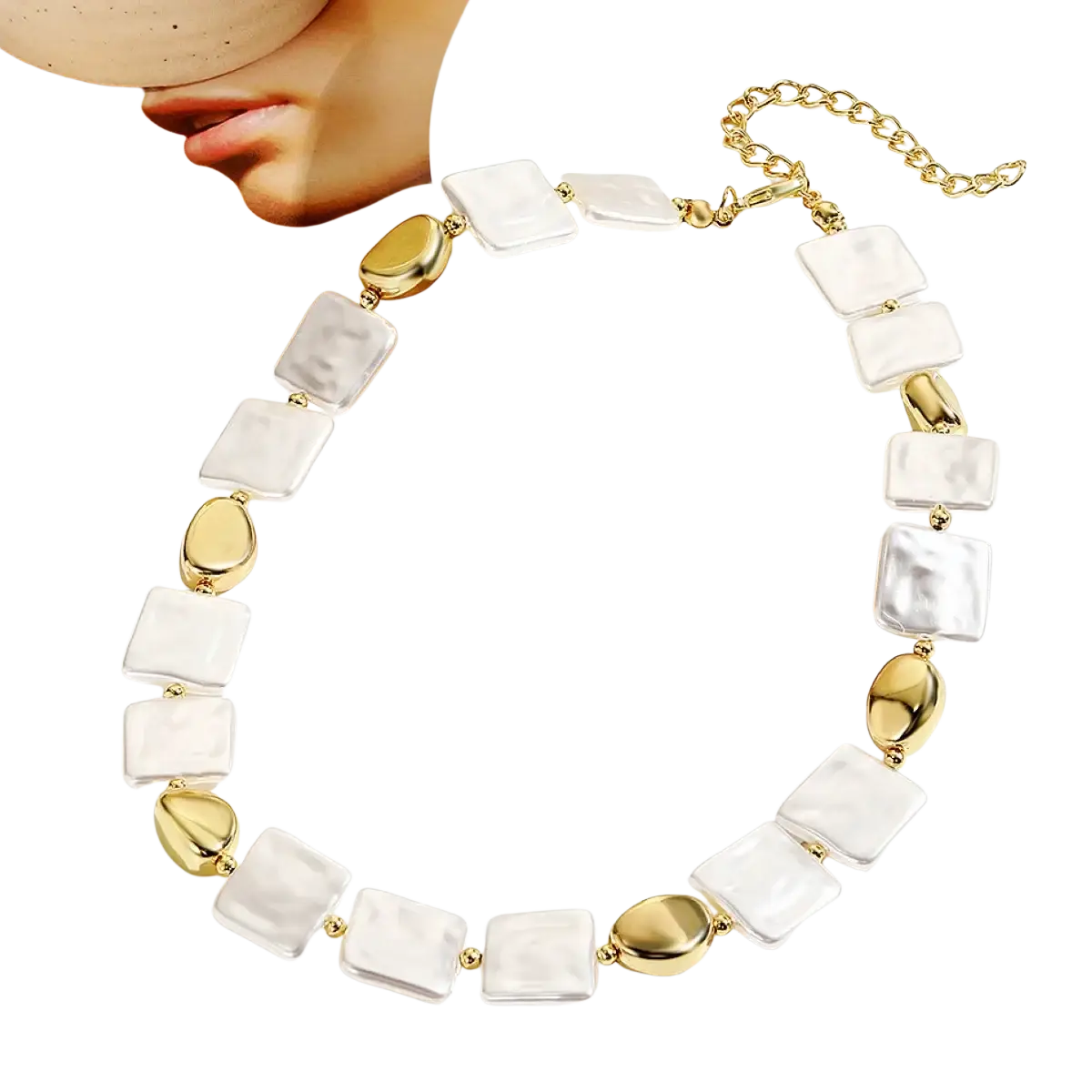 A baroque pearl gold chain necklace with alternating white mother-of-pearl squares and gold-toned oval accents
