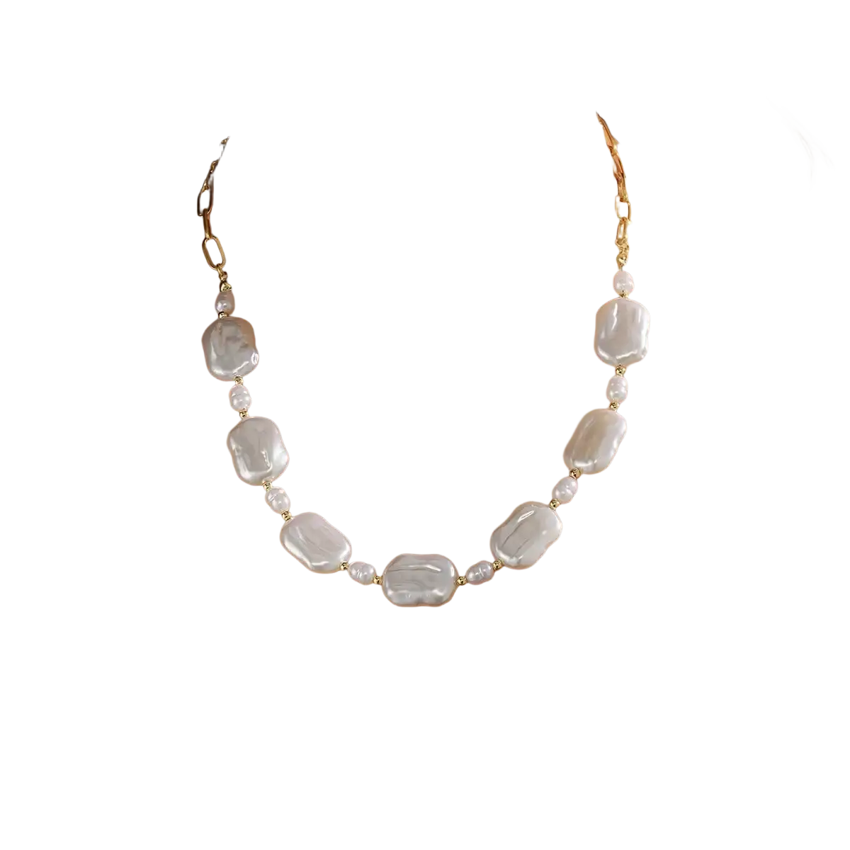 A baroque pearl gold chain necklace featuring irregular white pearls and smaller pearl beads in a bohemian style