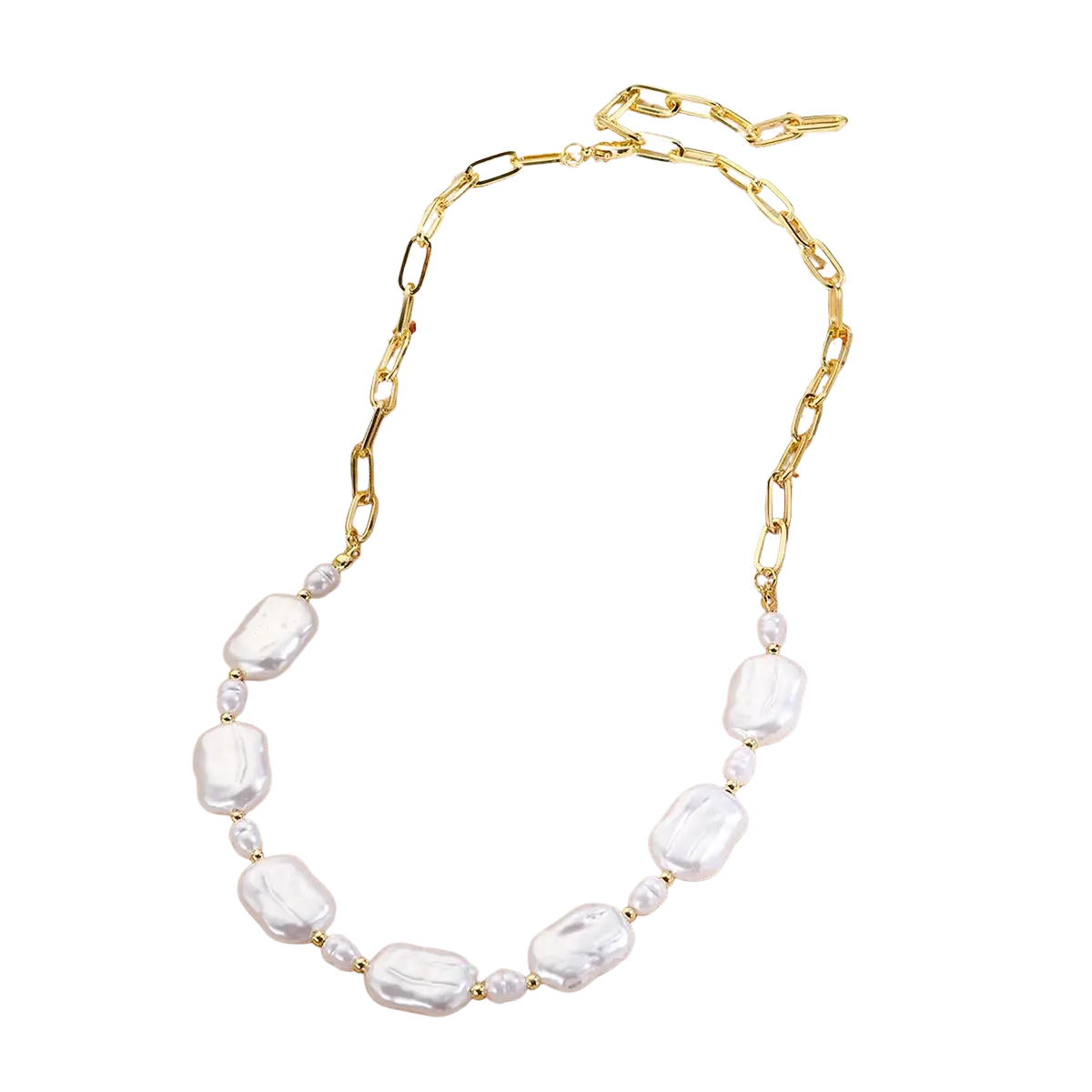 Baroque pearl gold chain necklace featuring irregular white pearls and smaller pearl accents in bohemian style