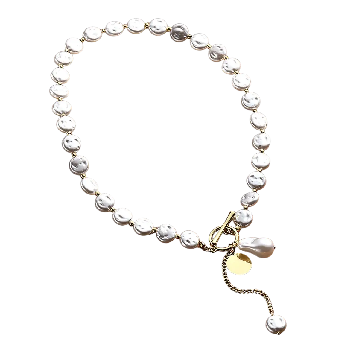Baroque pearl gold chain necklace featuring irregular white pearls with gold connectors and a round gold disc pendant