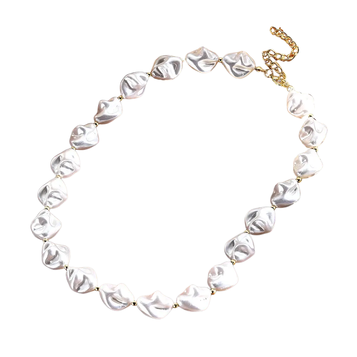 A delicate baroque pearl gold chain necklace featuring irregular white pearls and a gold-toned clasp