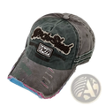Distressed gray vintage baseball cap with frayed edges and embroidered rock star 1969 logo for casual wear