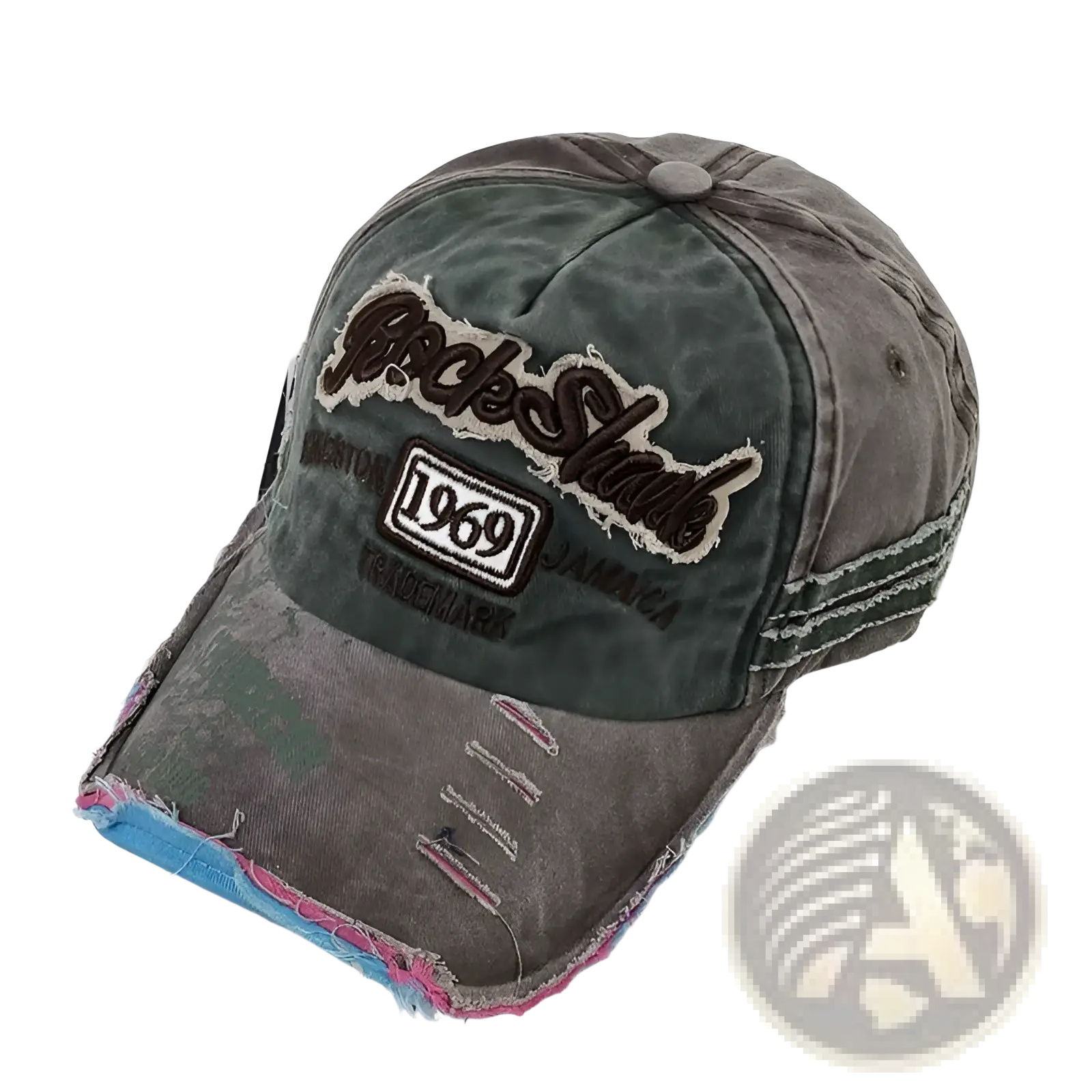 Distressed gray vintage baseball cap with frayed edges and embroidered rock star 1969 logo for casual wear