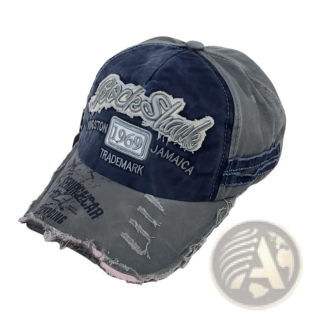 Baseball cap distressed vintage jamaica 1969 with faded blue and gray denim panels and white embroidered text
